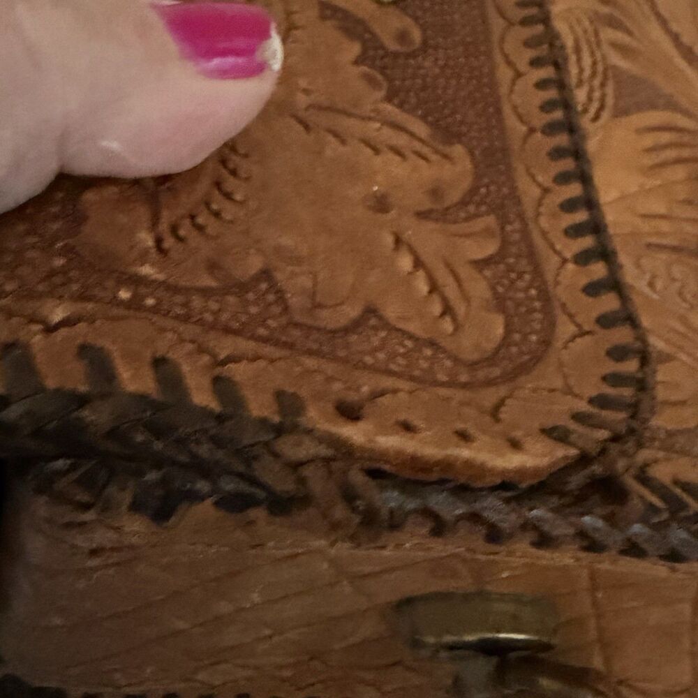 Vintage Hand Tooled Leather Handbag Brown Floral 9x6x3 - Picture 3 of 8